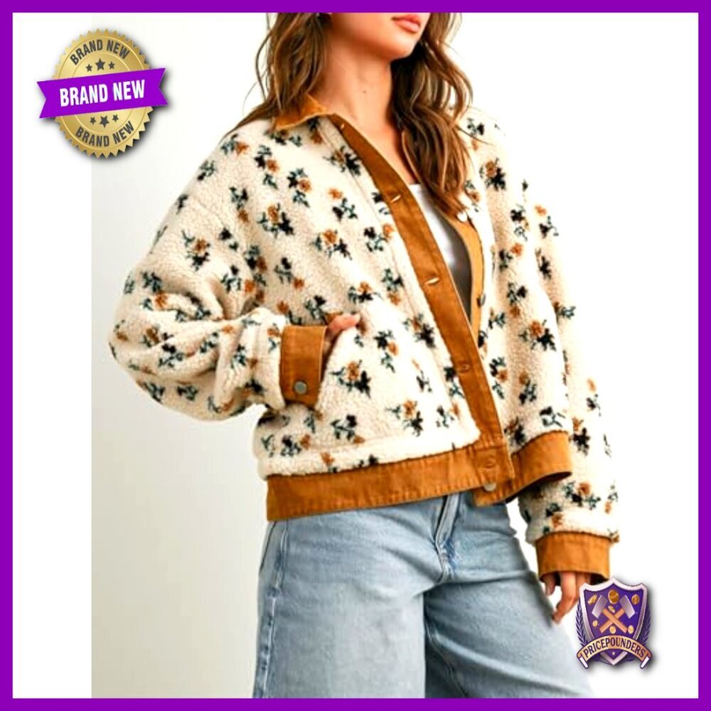 Oversized Sherpa Fleece Jacket Denim Collar Floral Print Button Front Pockets - Picture 3 of 7